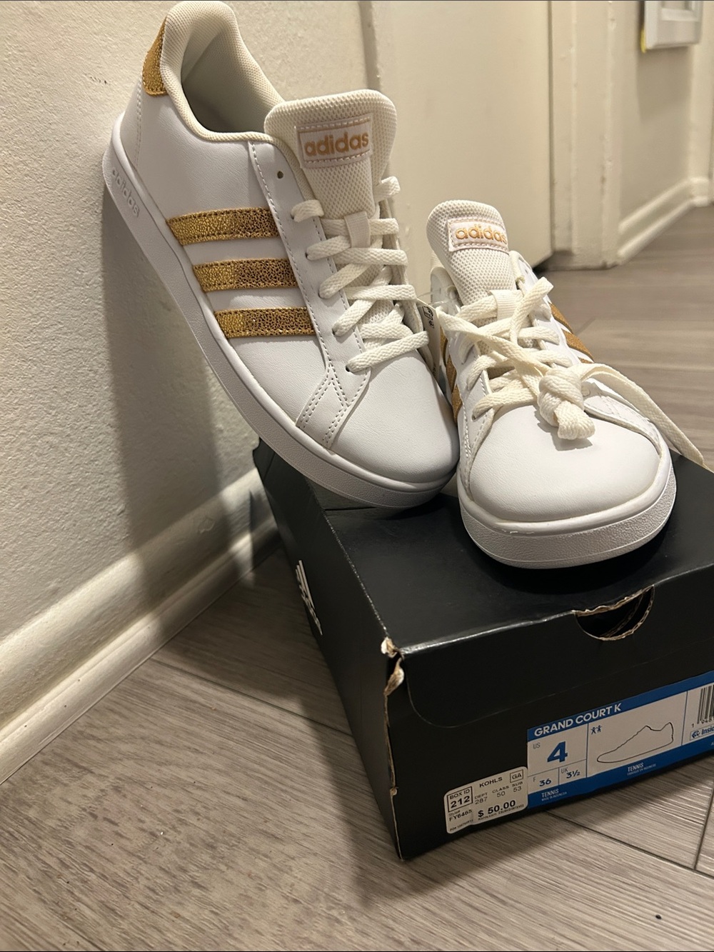 adidas Kids White Sneakers with Gold Stripes
